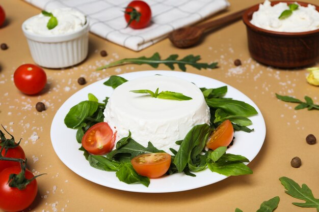 Concept of tasty dairy product ricotta cheese