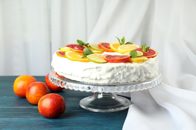 Photo concept of tasty dessert meringue pie with citrus