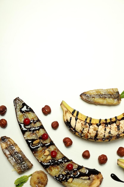 Concept of tasty dessert with banana and grilled banana