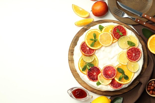 Photo concept of tasty dessert with meringue pie with citrus space for text