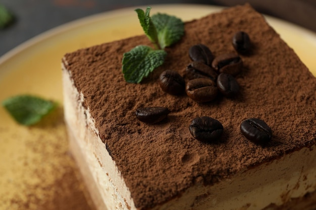 Concept of tasty dessert with Tiramisu cake close up