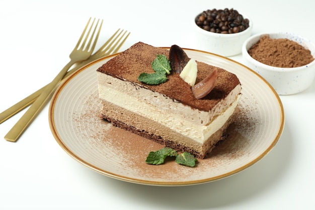 Concept of tasty dessert with Tiramisu cake close up