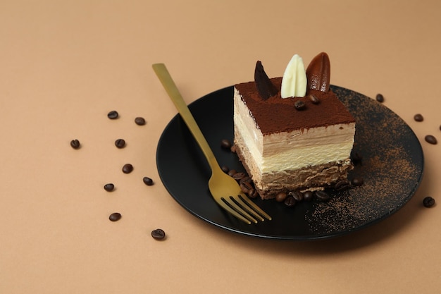 Concept of tasty dessert with Tiramisu cake space for text