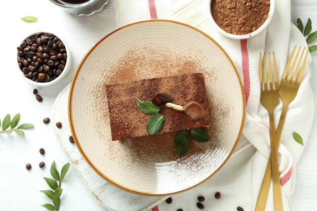 Concept of tasty dessert with Tiramisu cake top view