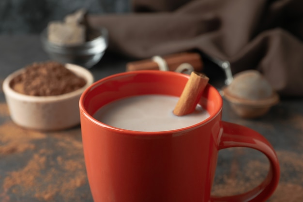 Concept of tasty drink with cocoa, close up