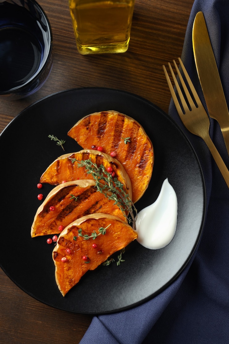 Photo concept of tasty eating with baked pumpkin on wooden background.