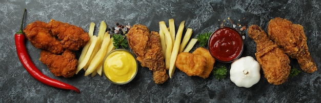 Concept of tasty eating with fried chicken on black smokey background