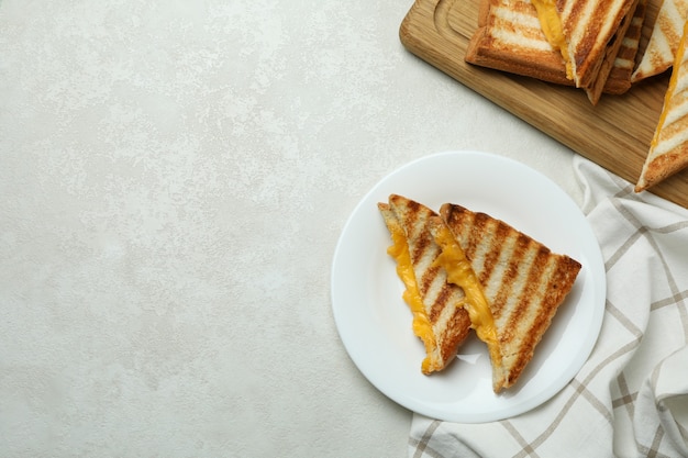 Concept of tasty eating with grilled sandwiches on white textured table