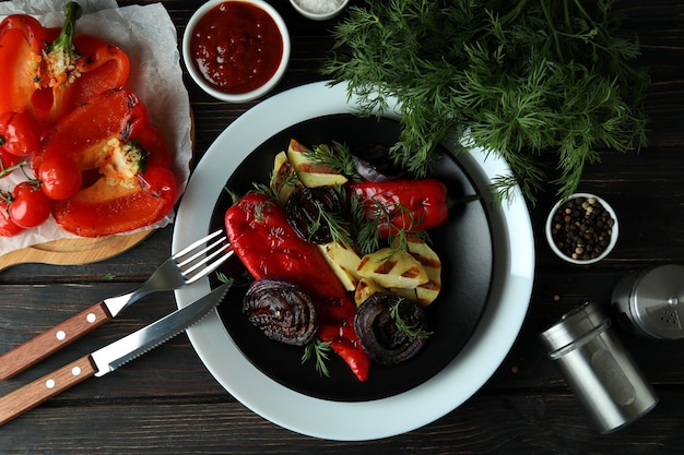 Concept of tasty eating with grilled vegetables, top view