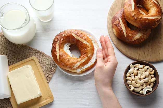 Concept of tasty food bagel top view