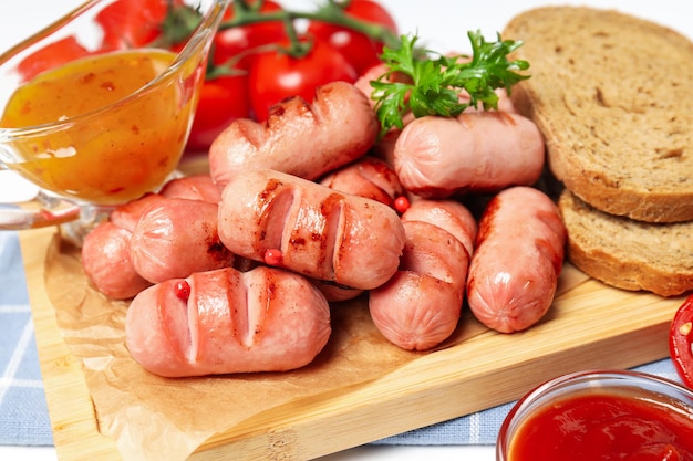 Foto concetto di cibo gustoso mini salsiccia alla griglia da vicino