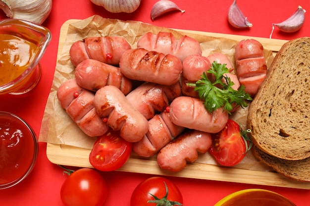 맛있는 음식 구운 미니 소시지 평면도의 개념
