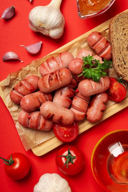 Foto concetto di cibo gustoso mini salsiccia alla griglia vista dall'alto