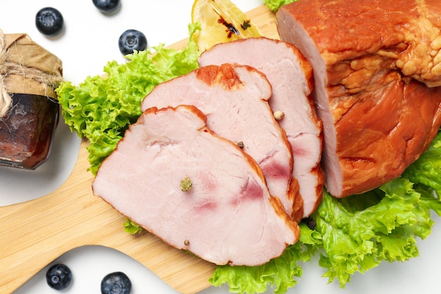 Photo concept of tasty food ham close up