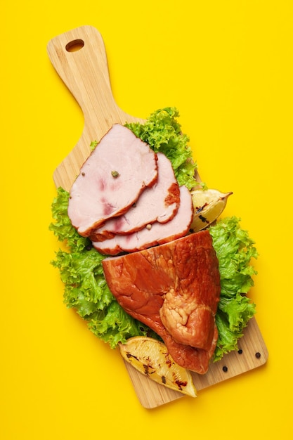 Concept of tasty food, ham, top view