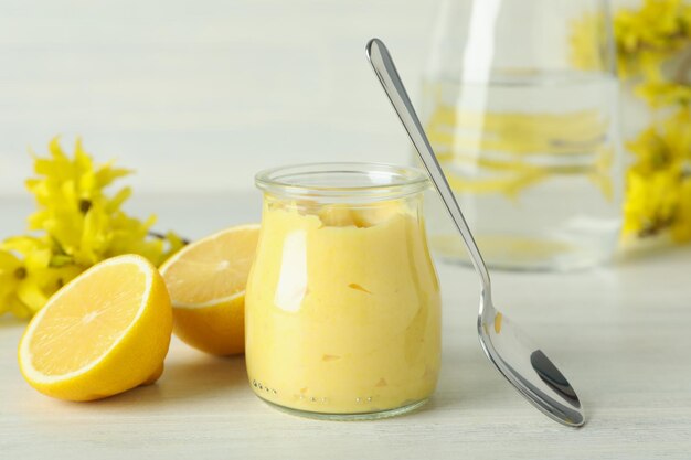 Concept of tasty food lemon curd close up