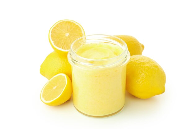 Concept of tasty food lemon curd isolated on white background