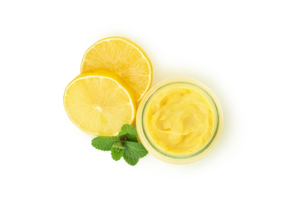 Concept of tasty food lemon curd isolated on white background