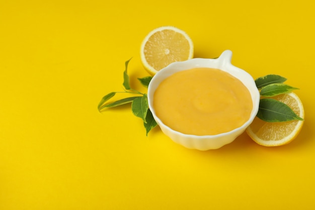 Concept of tasty food lemon curd space for text