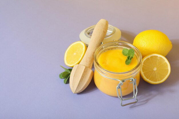 Concept of tasty food lemon curd space for text