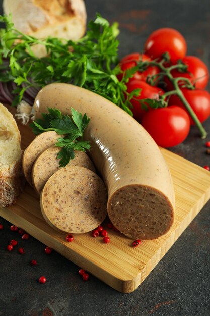 Concept of tasty food liverwurst sausage close up