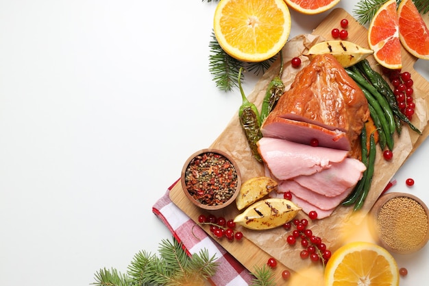 Photo concept of tasty food meat ham space for text