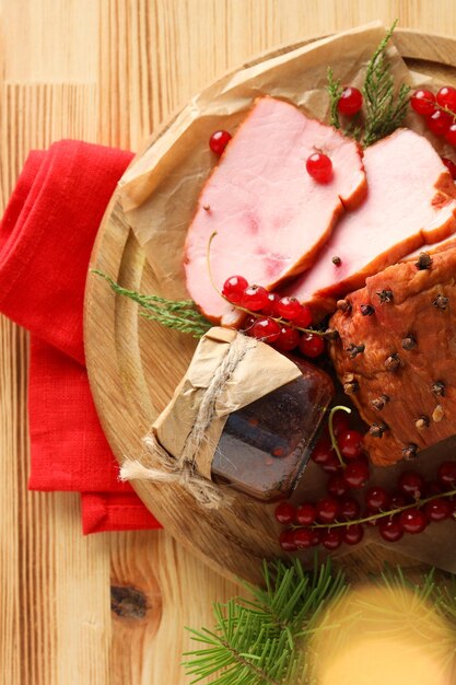 Photo concept of tasty food meat ham top view