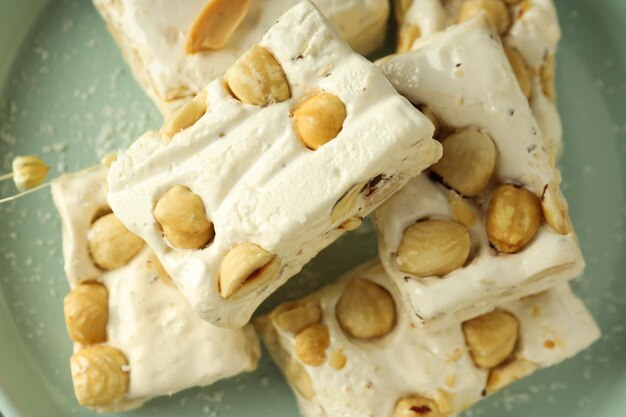 Concept of tasty food nougat close up