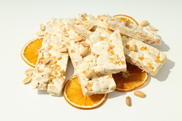 Concept of tasty food nougat close up