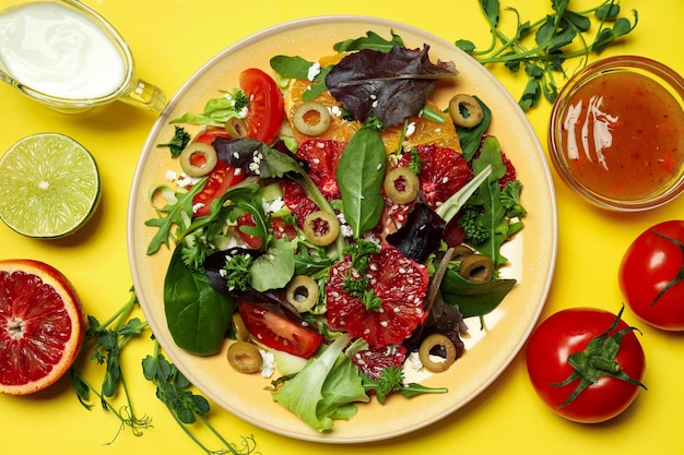 Concept of tasty food salad with red orange top view