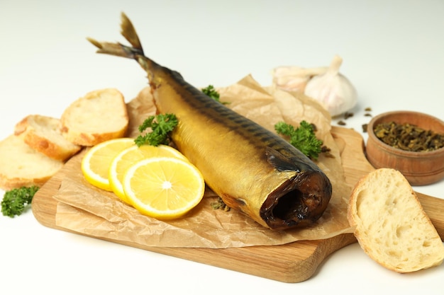Concept of tasty food smoked mackerel close up