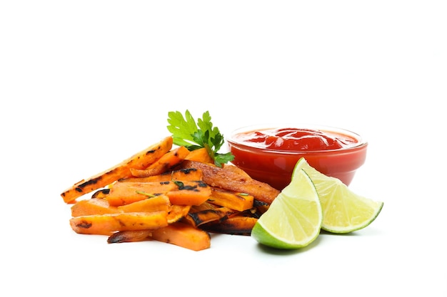 Concept of tasty food sweet potato fries isolated on white background