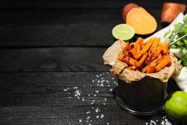 Concept of tasty food sweet potato fries