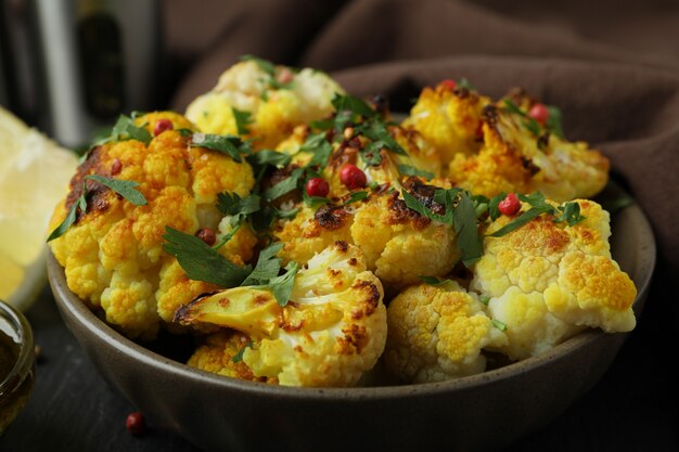 Concept of tasty food with baked cauliflower, close up.