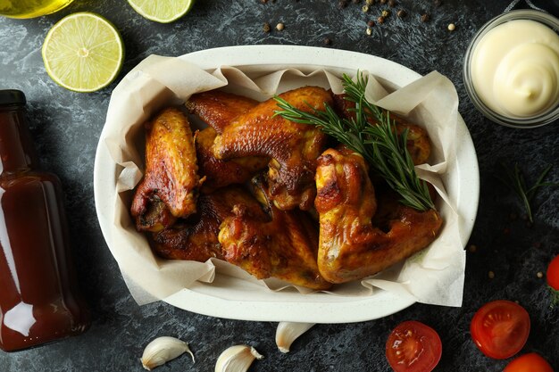 검은 연기가 자욱한 테이블에 구운 닭 날개와 맛있는 음식의 개념