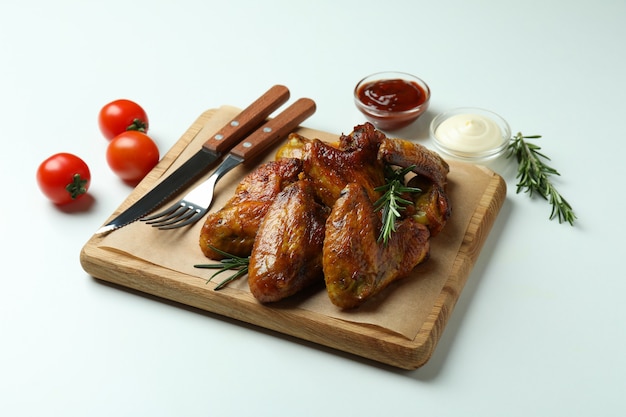 Concept of tasty food with baked chicken wings on white