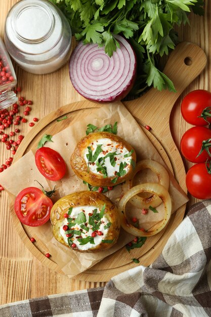 Concetto di cibo gustoso con patate al forno sul tavolo di legno.