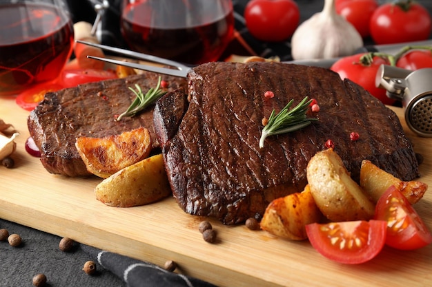 Concept of tasty food with beef steaks, close up