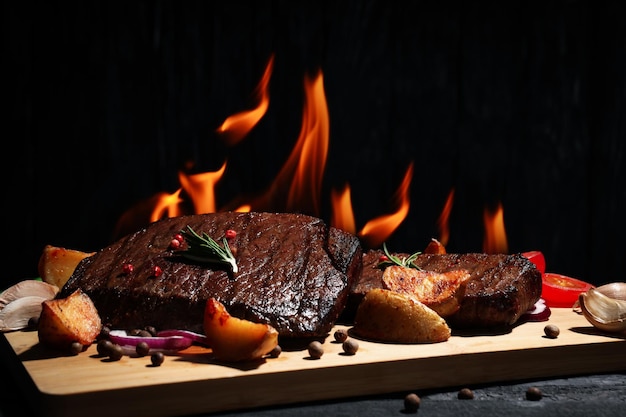 Concetto di cibo gustoso con bistecche di manzo sul tavolo di legno scuro