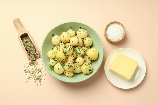 Concept of tasty food with boiled young potatoes top view