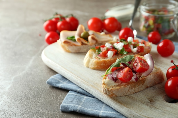 Concept of tasty food with bruschetta snacks