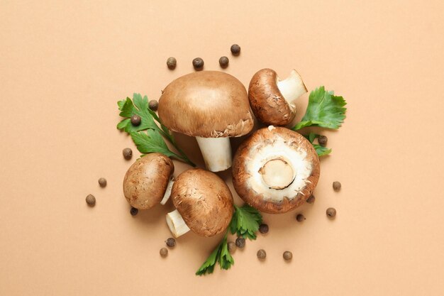 Concept of tasty food with champignon on beige