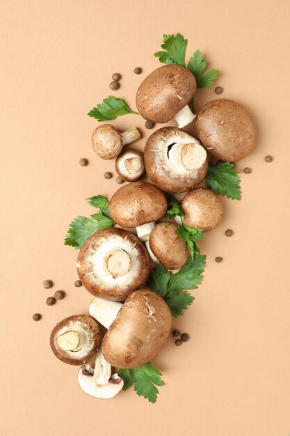 Concept of tasty food with champignon on beige