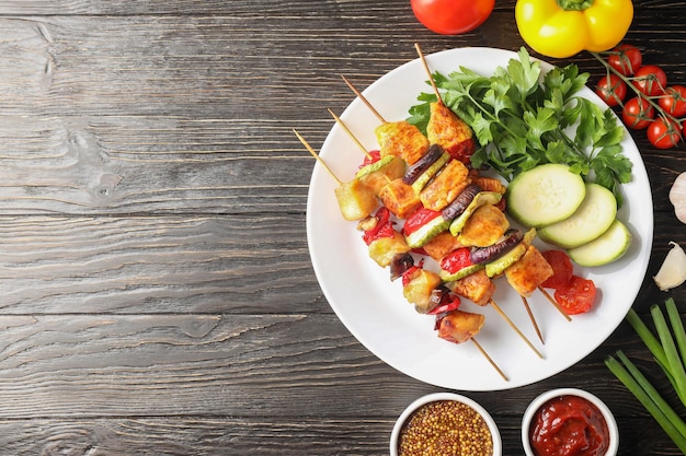 Concept of tasty food with chicken shashlik on dark wooden background