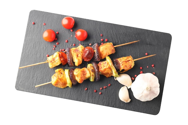 Concept of tasty food with chicken shashlik on white background