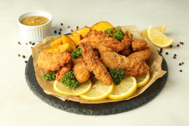 Concept of tasty food with chicken strips close up