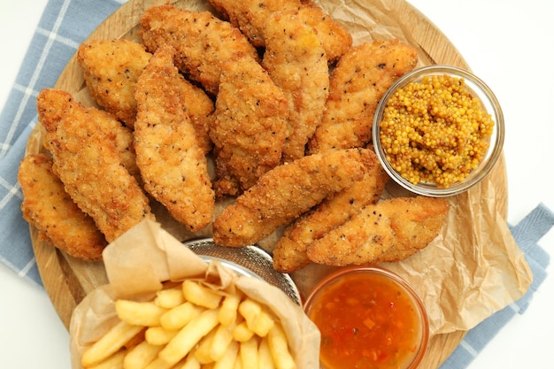 Concept of tasty food with chicken strips top view