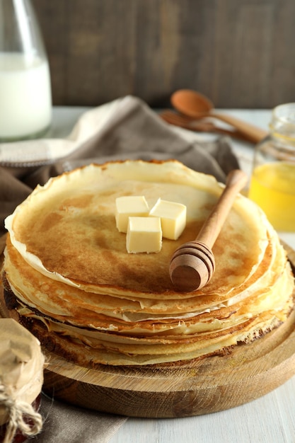 Concept of tasty food with crepes, close up