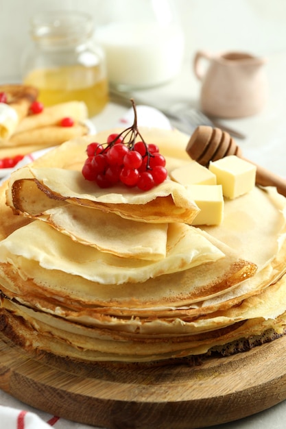 Concept of tasty food with crepes, close up