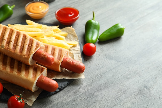 Concept of tasty food with french hot dog